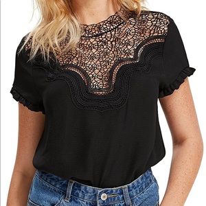 Ruffle Short Sleeve Lace Casual Top Blouse Black